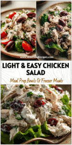 Healthy Chicken Salad made with Greek yogurt, shredded chicken, and fresh greens on a rustic plate.